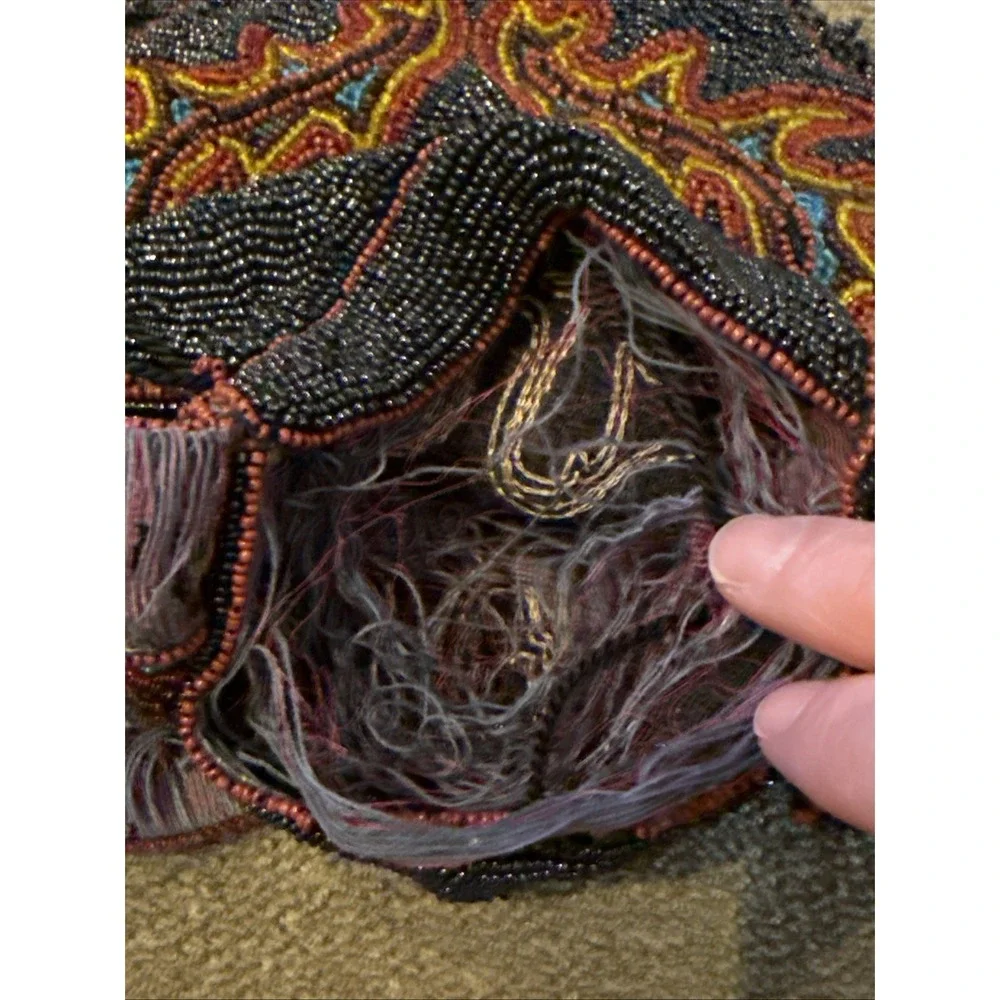 antique micro beaded purse 1900's flower basket victorian handbag (TD)